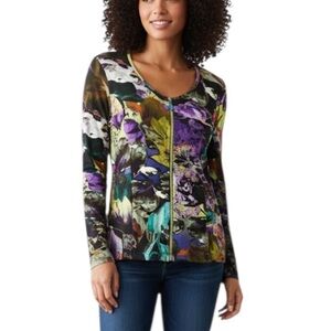 Eva & Claudi Artsy Boho Full Zip V Neck Lightweight Long Sleeve Top XL Colourful